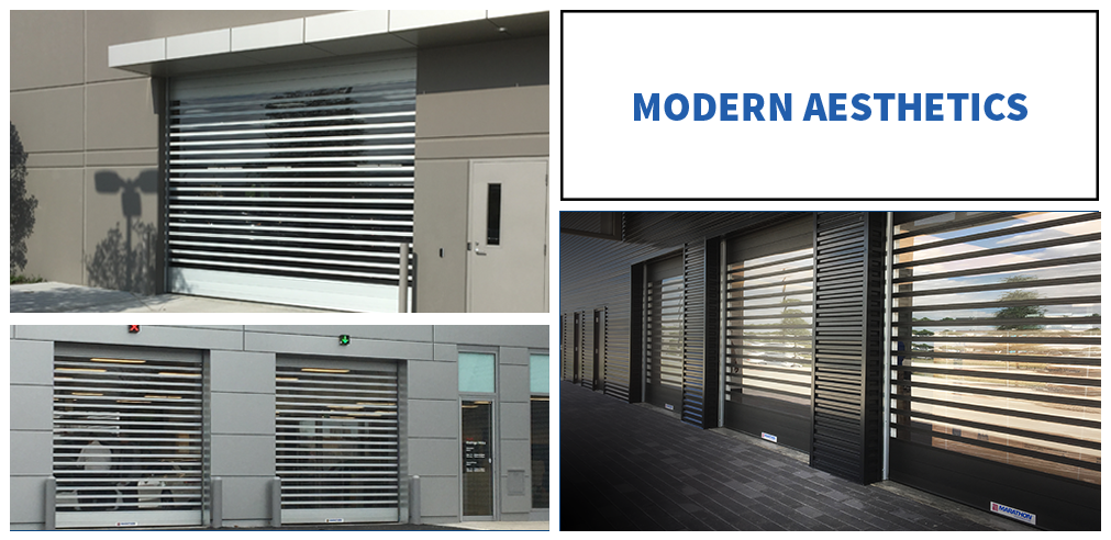 Three images showcasing the 209-CV model door and the words 'Modern Aesthetics'.